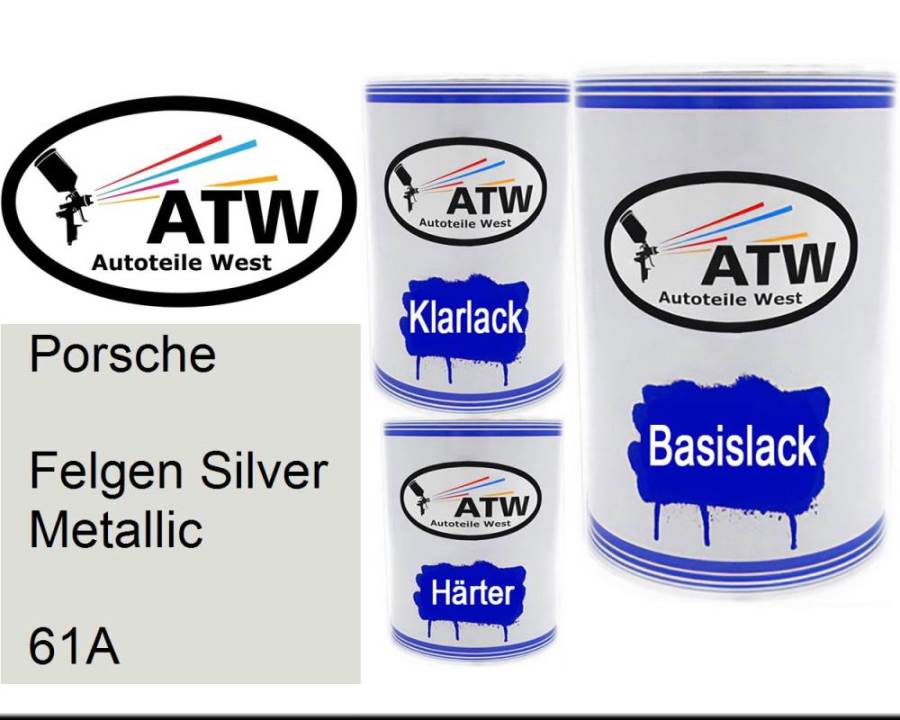Porsche, Felgen Silver Metallic, 61A: 500ml Lackdose + 500ml Klarlack + 250ml Härter - Set, von ATW Autoteile West.
